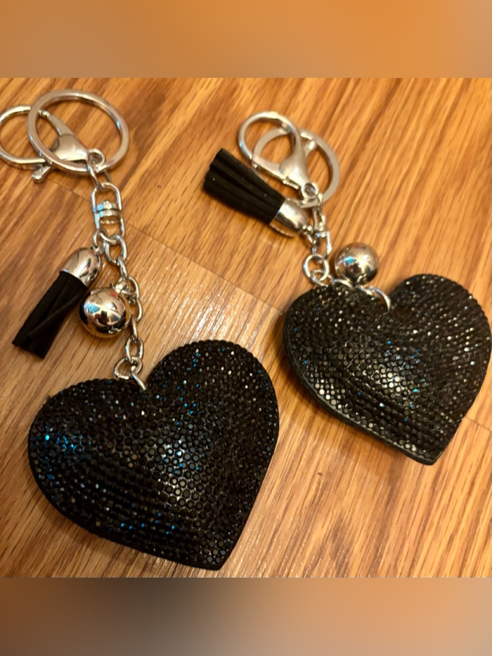 2 TWO Black Silver Rhinestone Heart Backpack Purse Valentine LOVE Keychain Tag 🎁